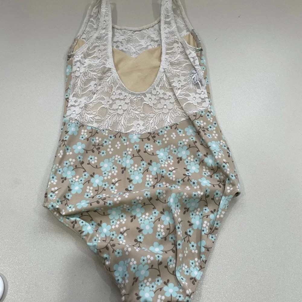 Class In Dancewear Leotard Blue Floral Pattern with White Flowers Small - Picture 3 of 4